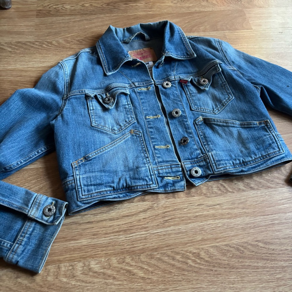 Vintage Levi Strauss Co Womens Large Cropped Fitted Denim Jacket Coat Button VTG